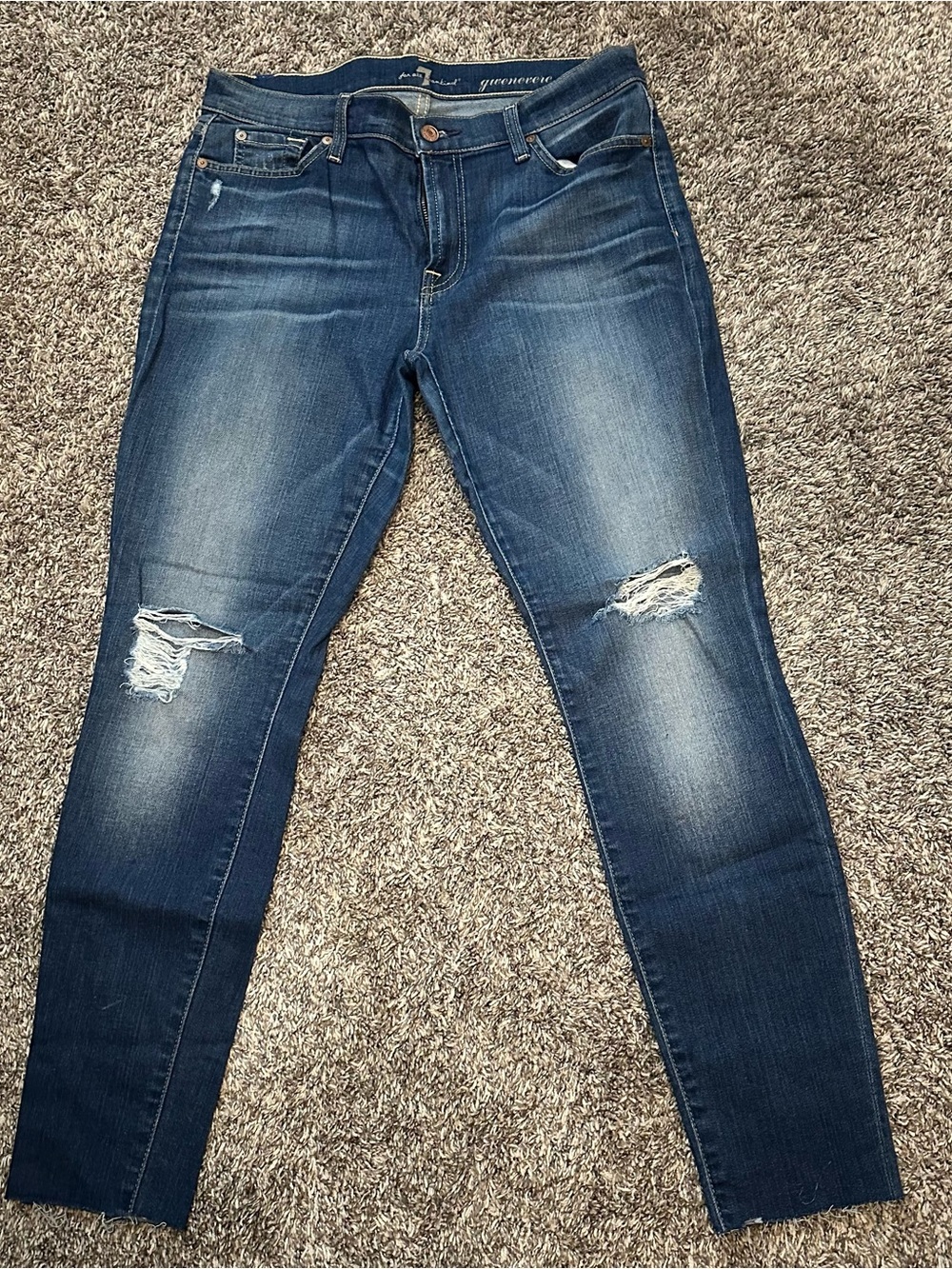 7 For All Mankind Women’s Dark Blue Skinny Jeans with Knee Distress - Picture 2 of 10